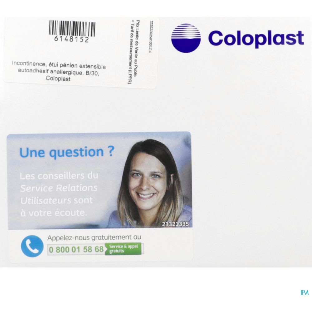 Emballage blanc Coloplast. Autocollant avec informations de contact et visage souriant. Texte: Une question ?