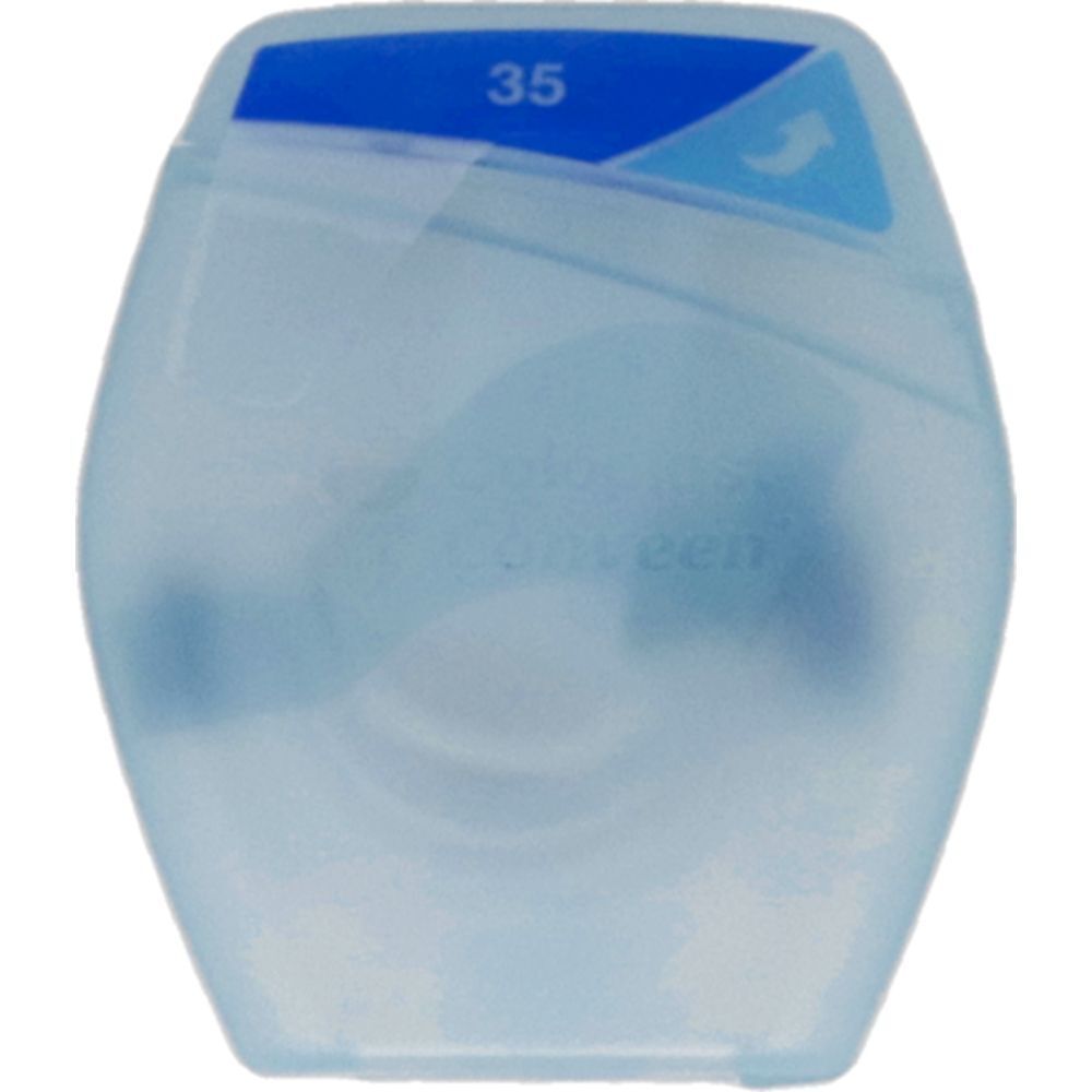 Emballage individuel ovale transparent avec couvercle bleu. Le couvercle porte le chiffre "35" et une flèche.