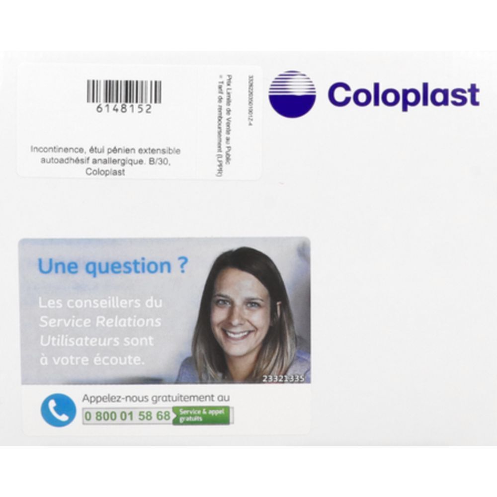 Emballage blanc avec texte et logo "Coloplast". Autocollant avec informations et photo d'une femme.