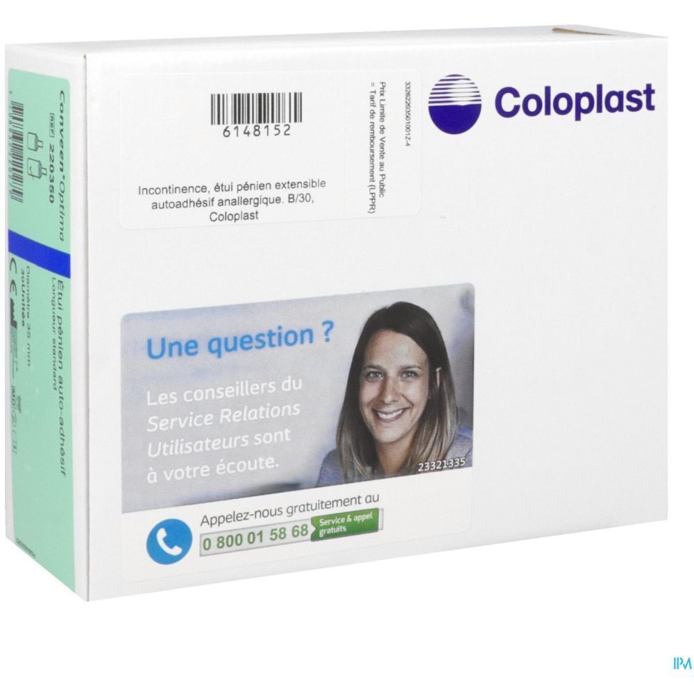 Emballage blanc avec texte, logo "Coloplast" et photo d'une femme. Nom du produit et numéro de référence.