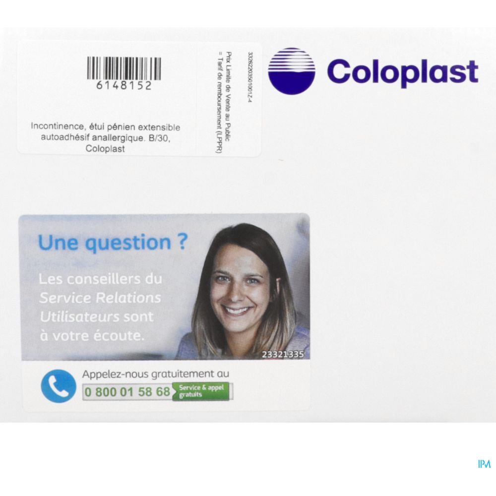 Emballage blanc avec texte, logo "Coloplast" et photo d'une femme. Nom du produit et numéro de référence.