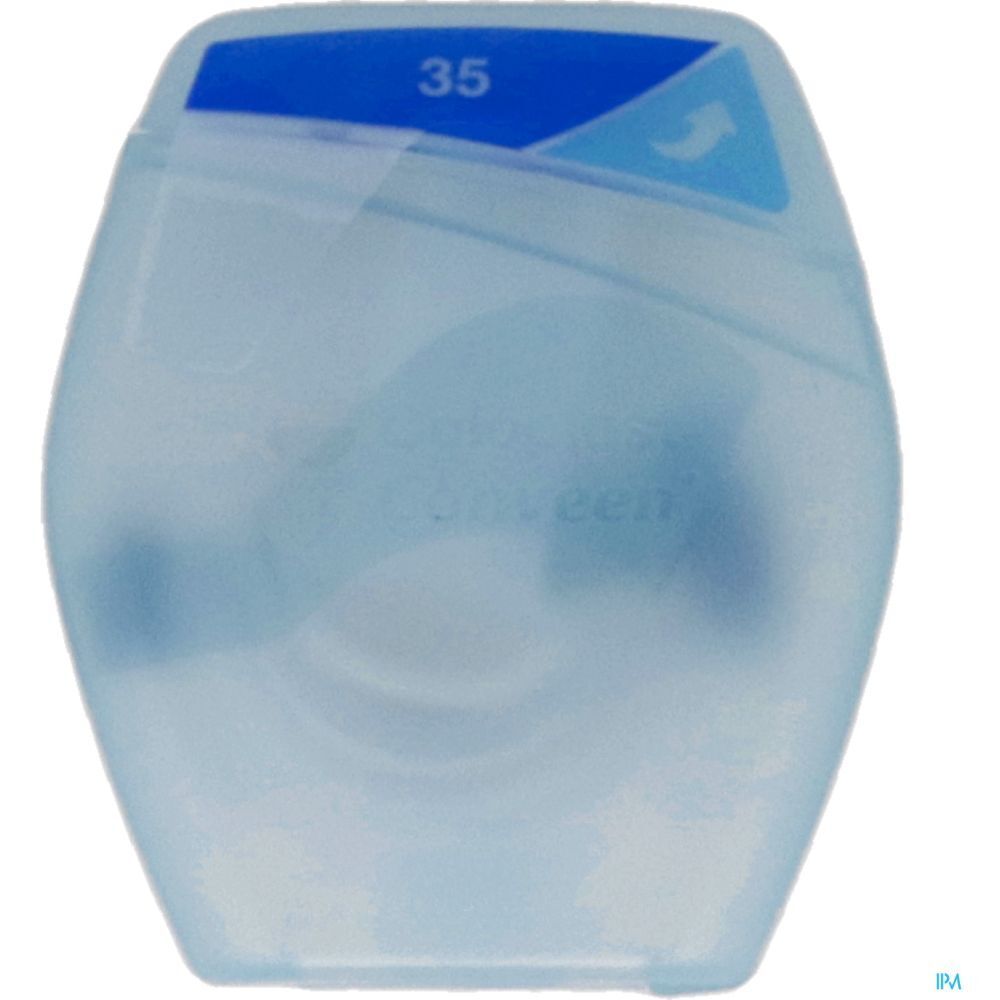 Emballage individuel ovale transparent avec couvercle bleu. Le couvercle porte le chiffre "35" et une flèche.