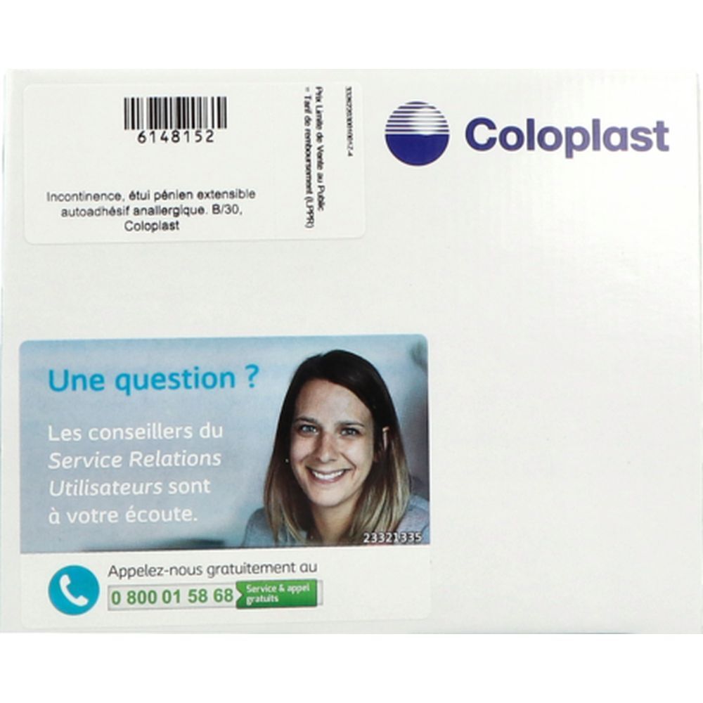 Boîte Coloplast. Étiquette produit et informations de contact. Autocollant "Une question ?" avec femme souriante.