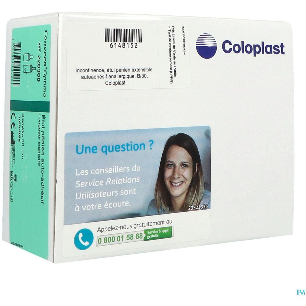 Boîte CONVEEN OPTIMA. Étiquettes produit et contact. Autocollant "Une question ?" avec femme.