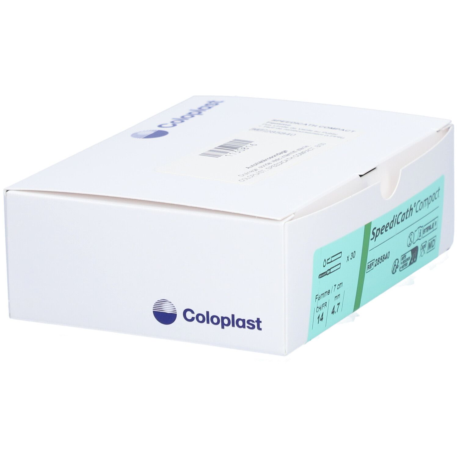 Boîte blanche avec étiquette verte. Inscription: SpeediCath Compact, 14 CH/FR, 4.7 mm, 7 cm. Logo Coloplast.