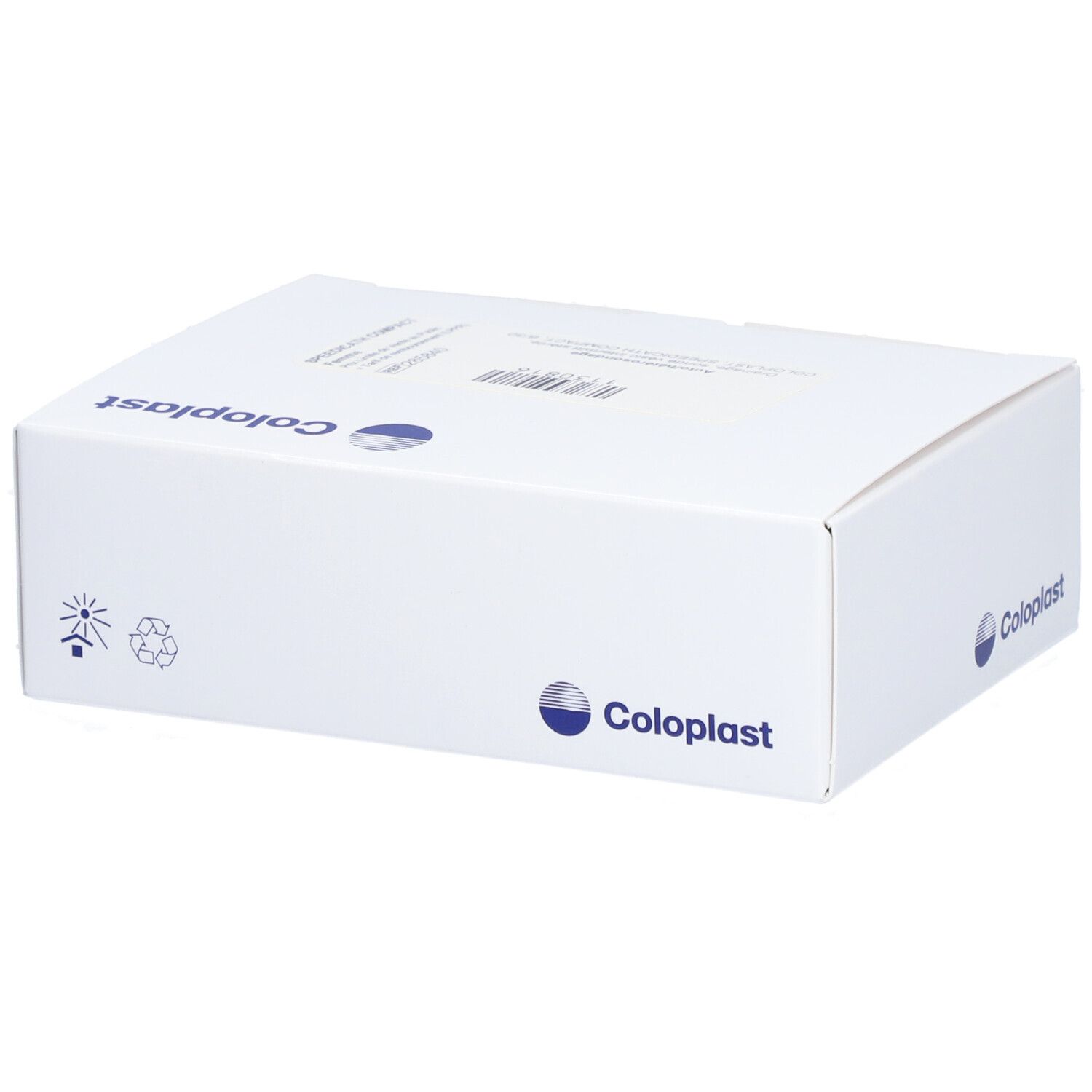 Boîte blanche avec logo Coloplast. Symboles de recyclage et de stérilisation. Code-barres.