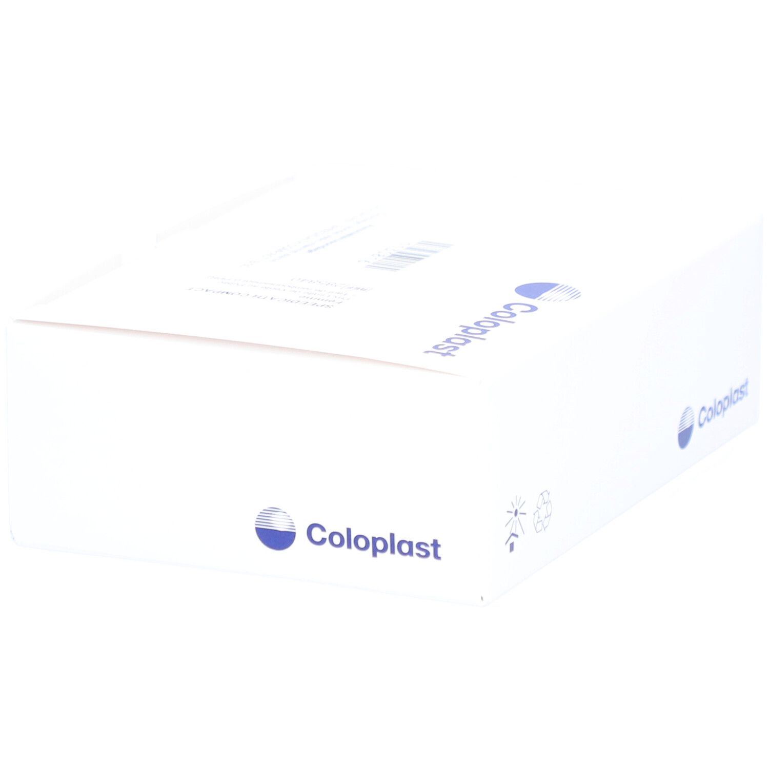Boîte blanche avec logo Coloplast. Symboles de recyclage et de stérilisation. Code-barres.