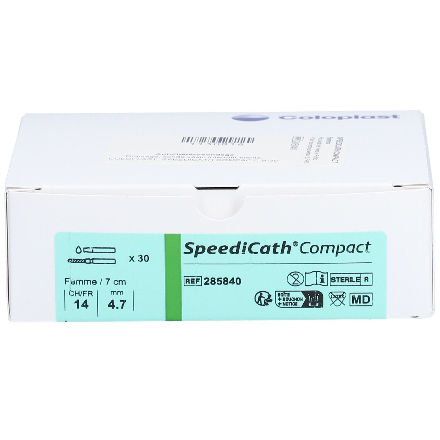 Boîte blanche avec étiquette verte. Inscription: SpeediCath Compact, 14 CH/FR, 4.7 mm, 7 cm. Logo Coloplast.