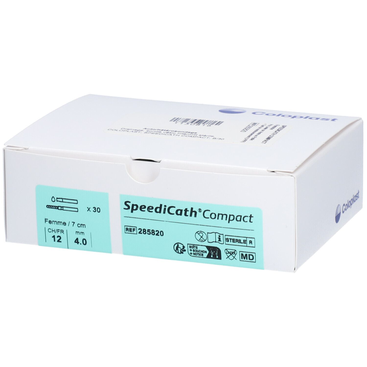 Boîte blanche "SpeediCath Compact" et logo Coloplast. Contient 30 cathéters. Inscriptions: CH/FR 12, 4.0 mm, REF 285820.