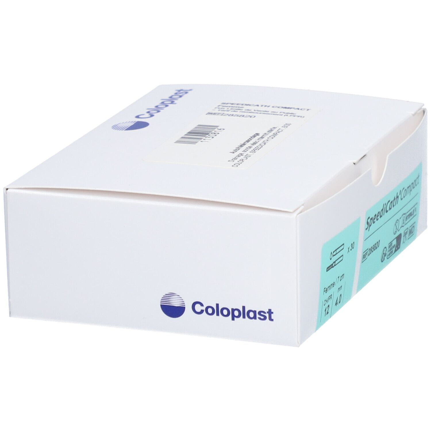 Boîte blanche avec logo "Coloplast". Sur le côté "SpeediCath Compact". Contient des cathéters. Inscriptions: CH/FR 12, 4.0 mm, REF 285820.