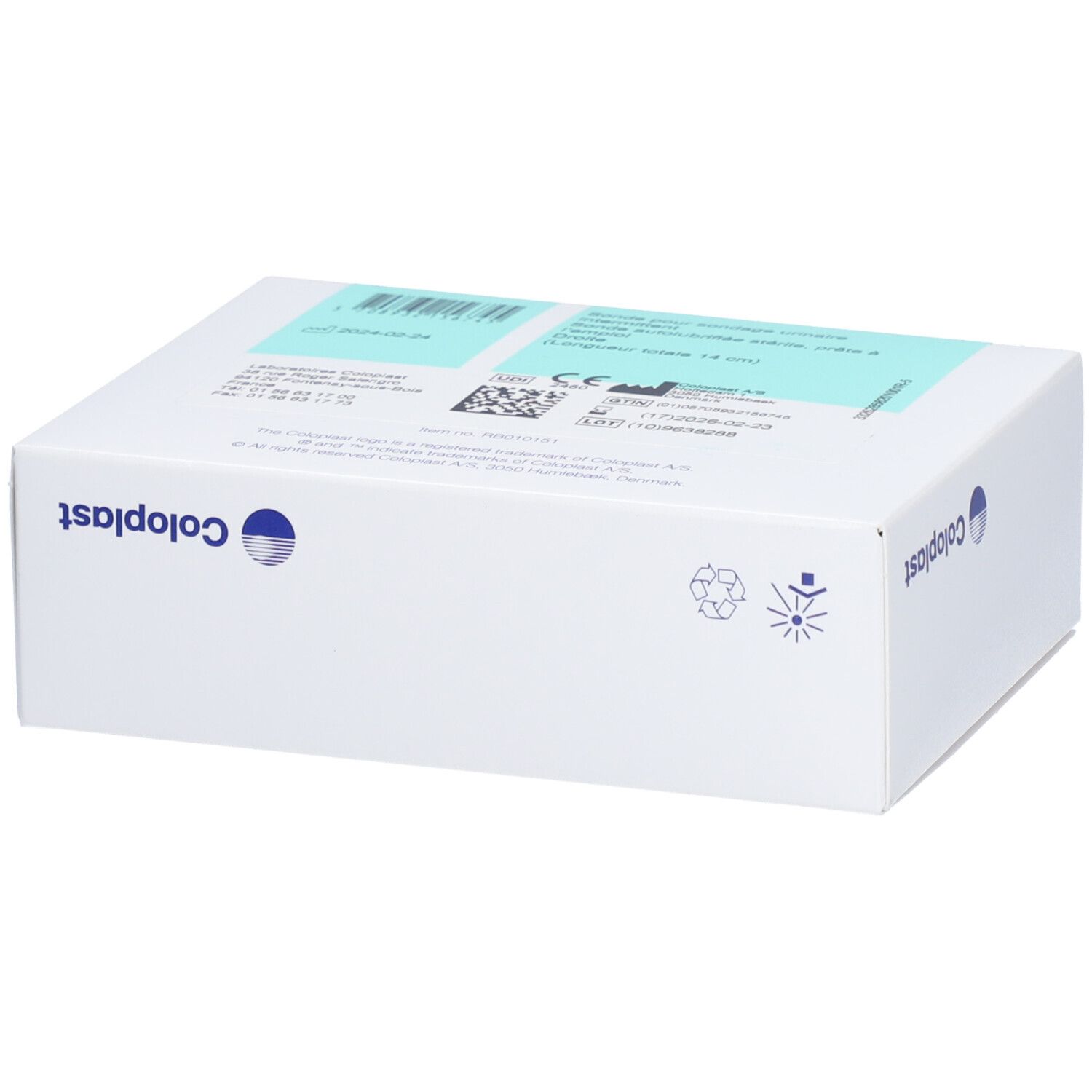 Boîte blanche avec logo "Coloplast". Sur le côté "SpeediCath Compact". Contient des cathéters. Inscriptions: CH/FR 12, 4.0 mm, REF 285820.