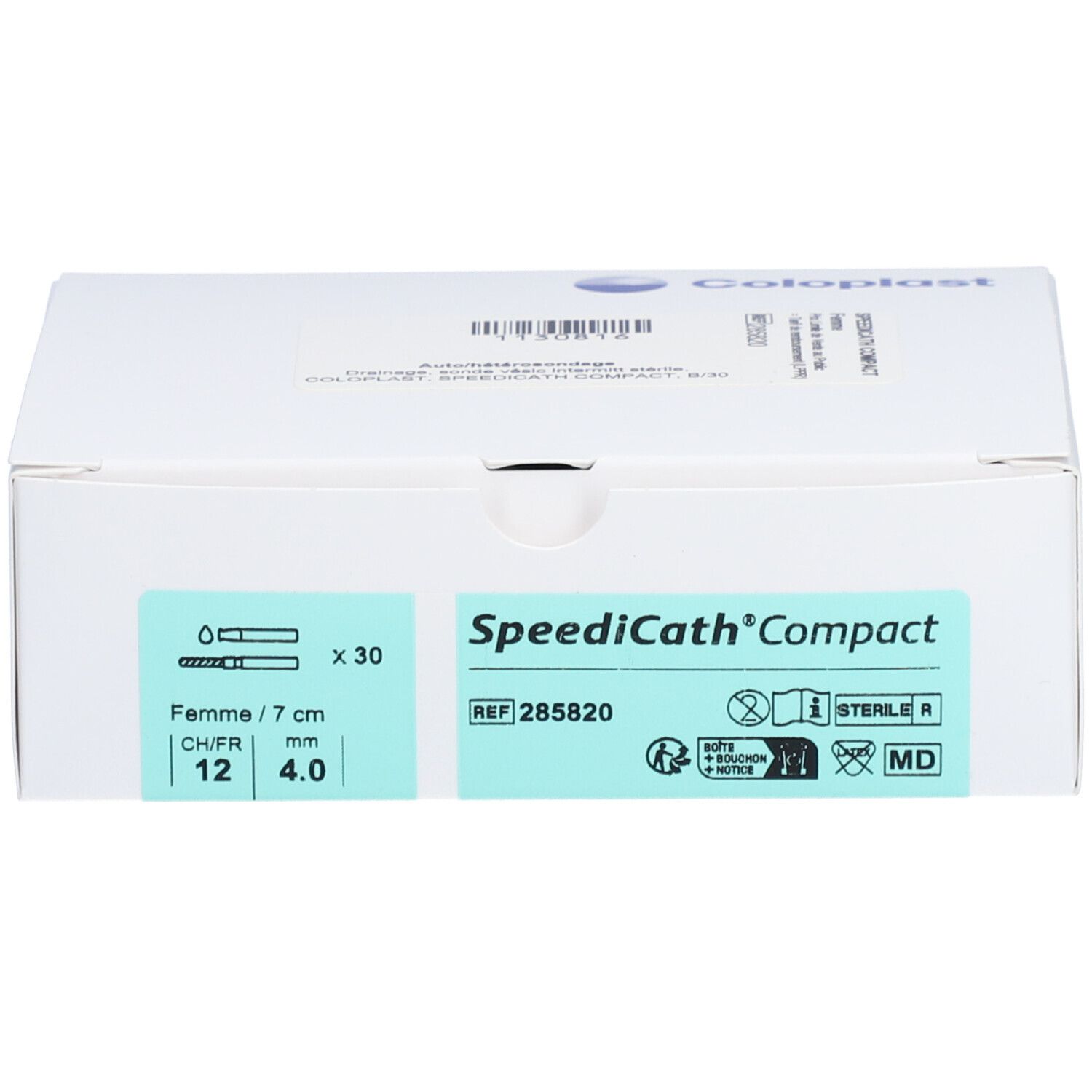 Boîte blanche "SpeediCath Compact" et logo Coloplast. Contient 30 cathéters. Inscriptions: CH/FR 12, 4.0 mm, REF 285820.