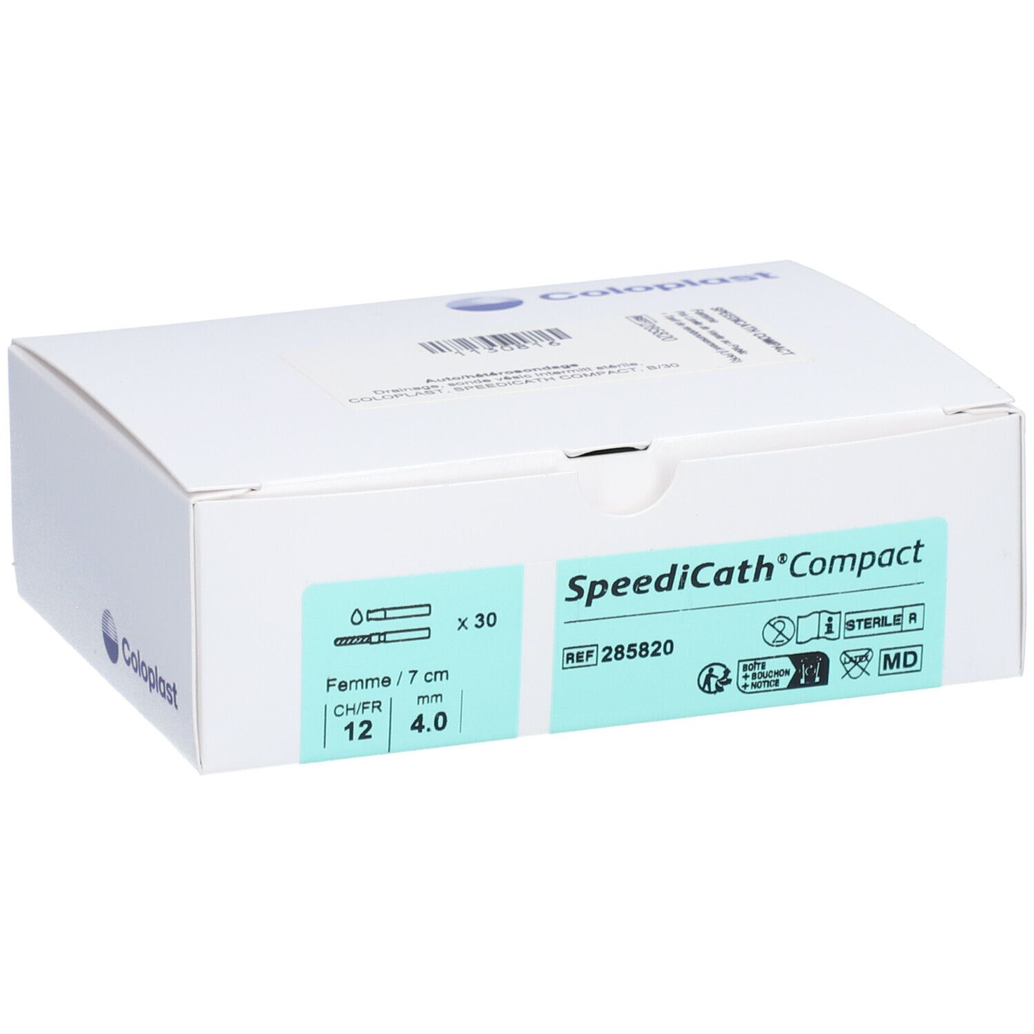 Boîte blanche "SpeediCath Compact" et logo Coloplast. Contient 30 cathéters. Inscriptions: CH/FR 12, 4.0 mm, REF 285820.