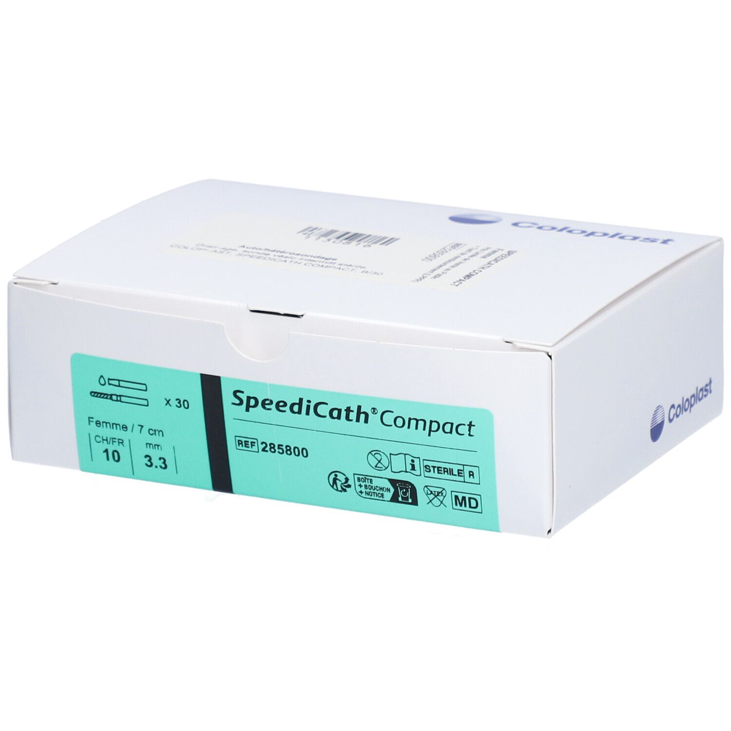 Boîte SpeediCath Compact de Coloplast. Informations sur le produit, indications de taille et de stérilité. Contient 30 unités.