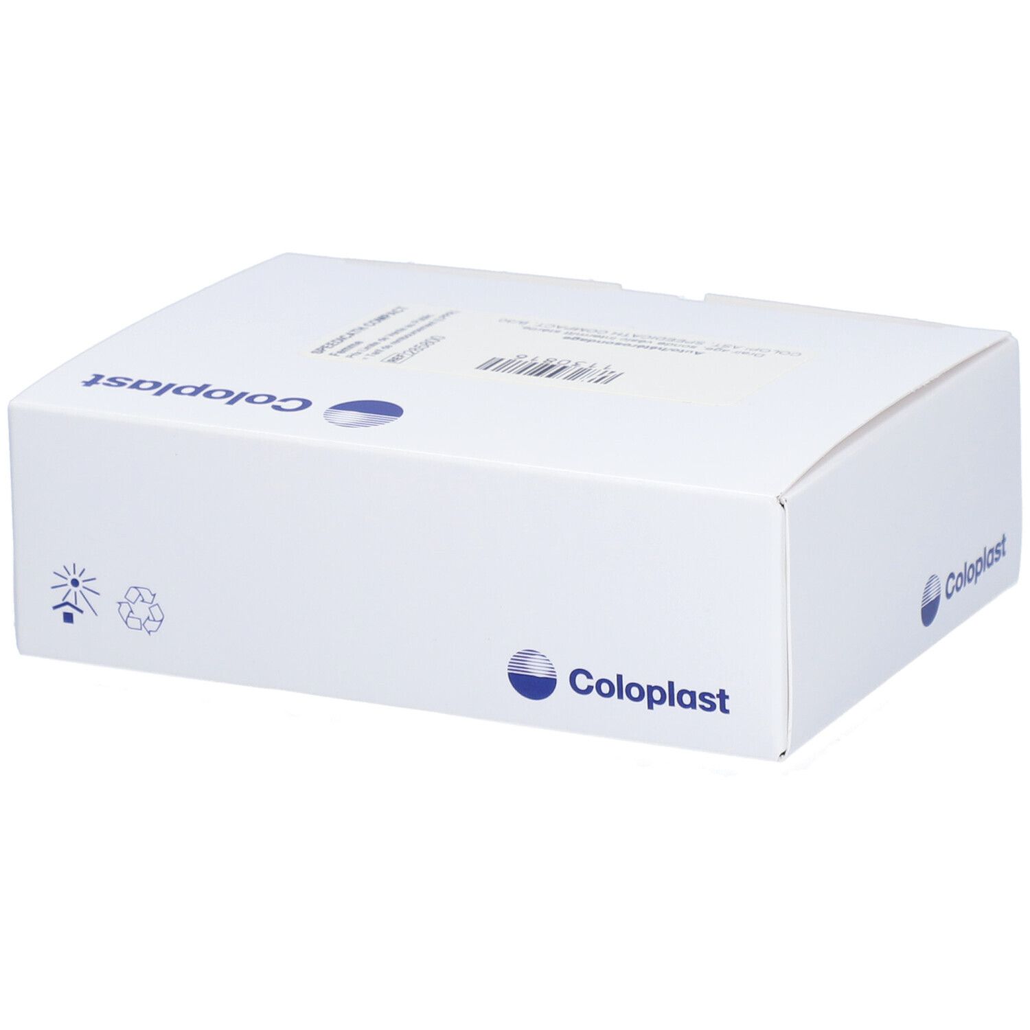 Boîte blanche Coloplast. Symboles de recyclage et de protection solaire. Aucune information produit visible.