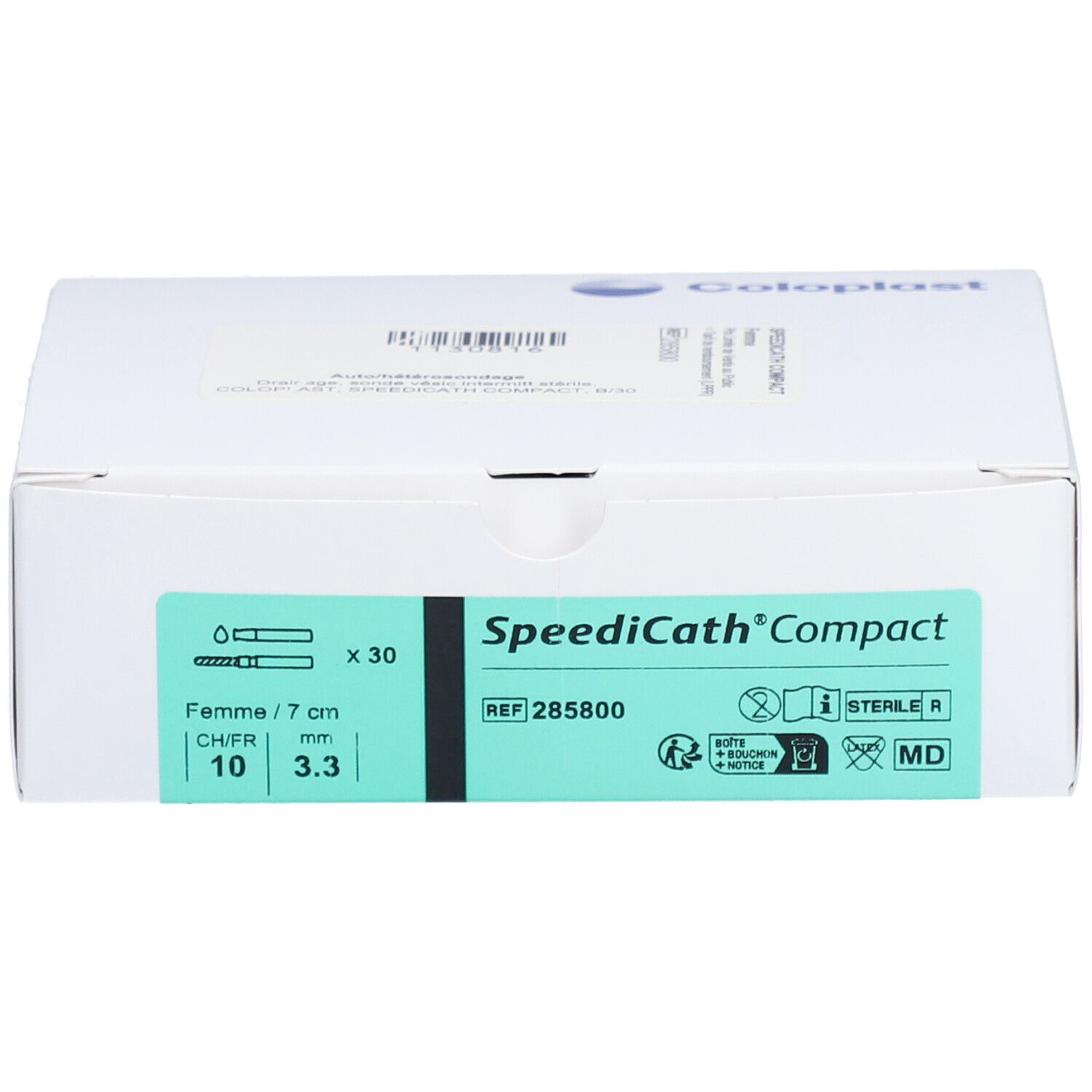 Boîte SpeediCath Compact de Coloplast. Informations sur le produit, indications de taille et de stérilité. Contient 30 unités.