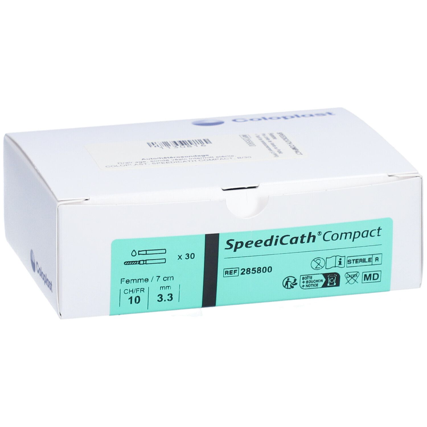Boîte SpeediCath Compact de Coloplast. Informations sur le produit, indications de taille et de stérilité. Contient 30 unités.