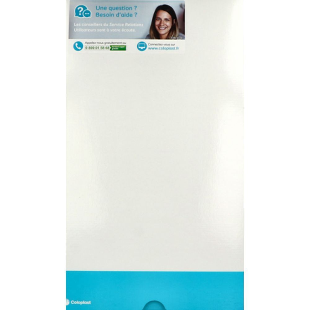 Emballage blanc et bleu. En haut : point d'interrogation, texte, femme. En bas : logo Coloplast. Numéro de téléphone et site web.