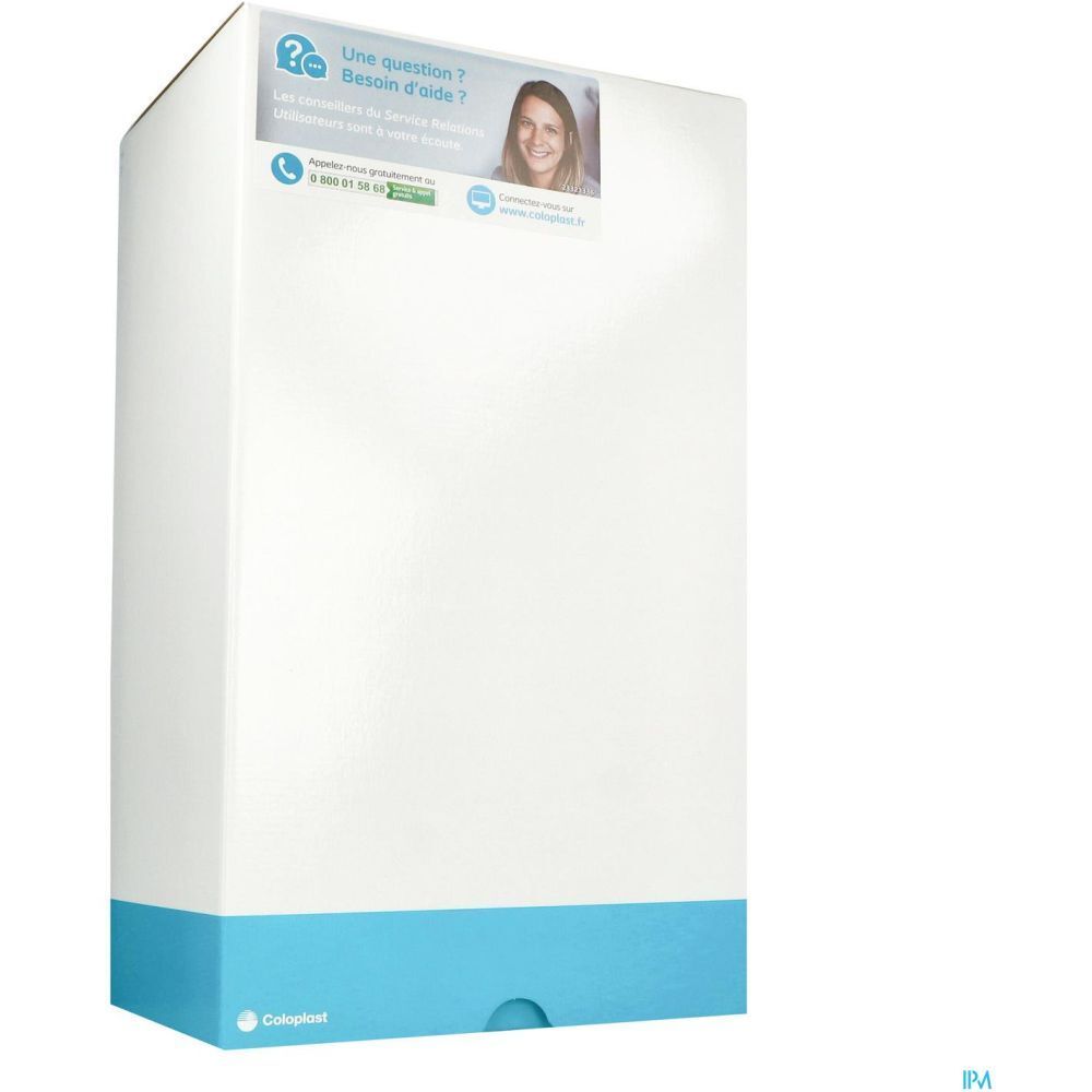 Emballage blanc avec base bleue. En haut : point d'interrogation, texte, femme. Logo Coloplast. Numéro de téléphone et site web.
