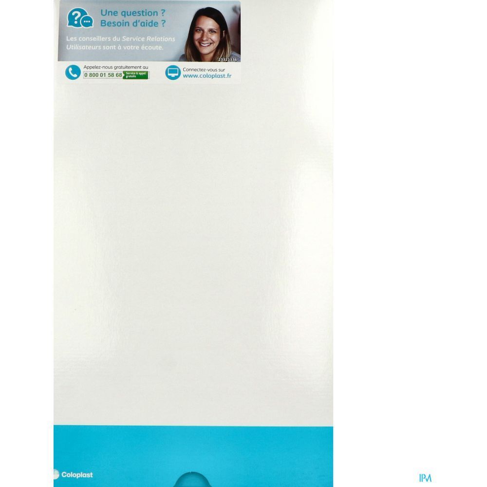 Emballage blanc et bleu. En haut : point d'interrogation, texte, femme. En bas : logo Coloplast. Numéro de téléphone et site web.