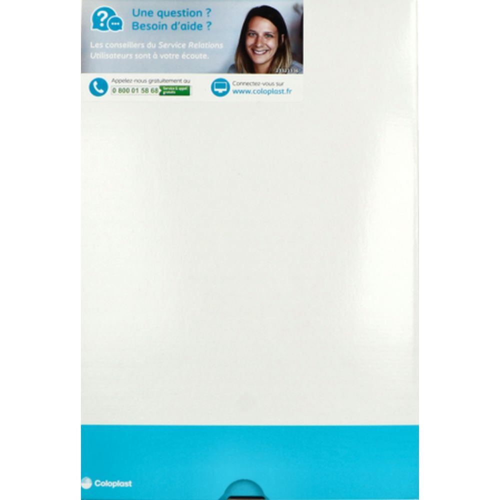 Boîte blanche et bleue. Haut : texte et femme. Bas : logo Coloplast.  Une question ? Besoin d'aide ?