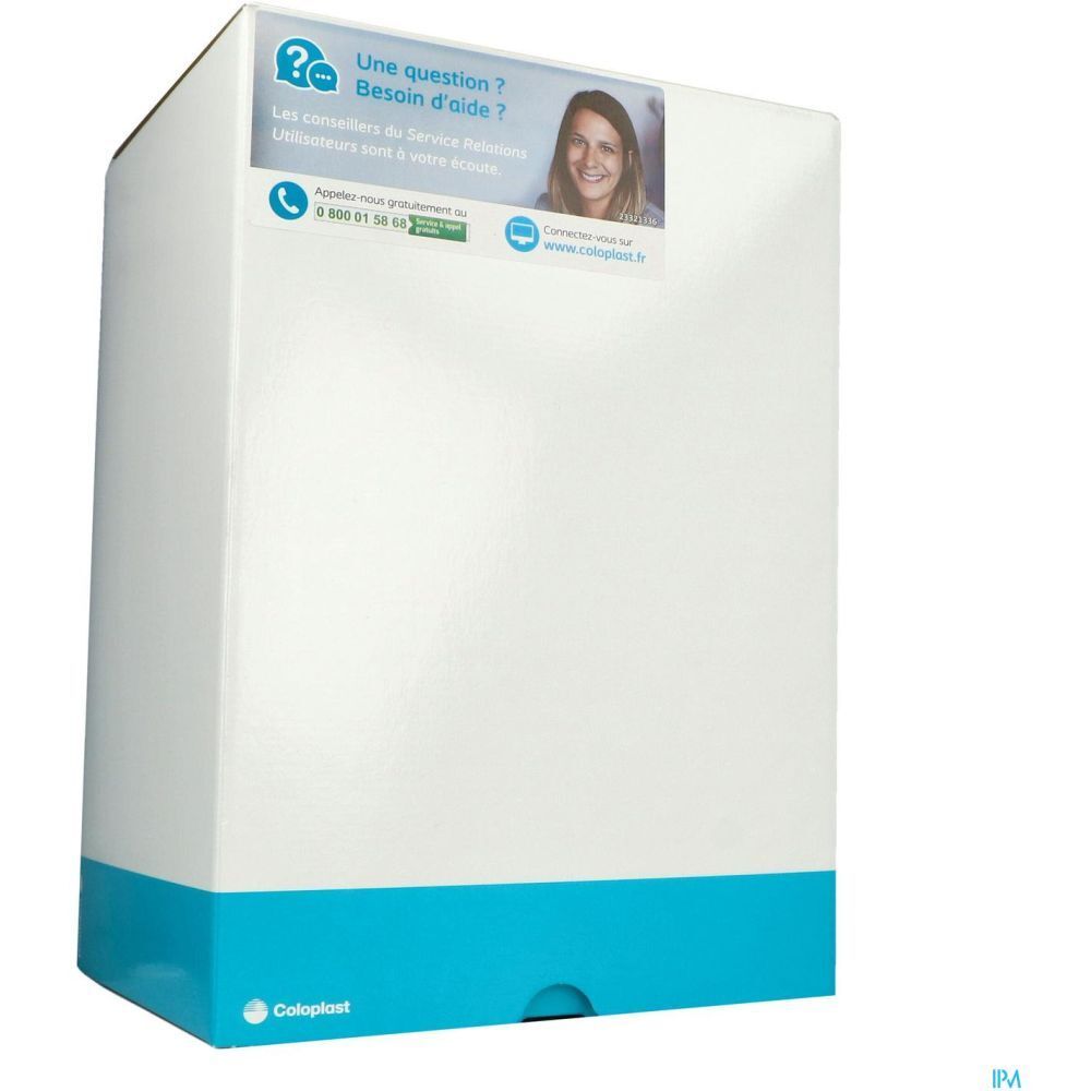 Boîte blanche et bleue. Haut : texte et femme. Bas : logo Coloplast.  Une question ? Besoin d'aide ?