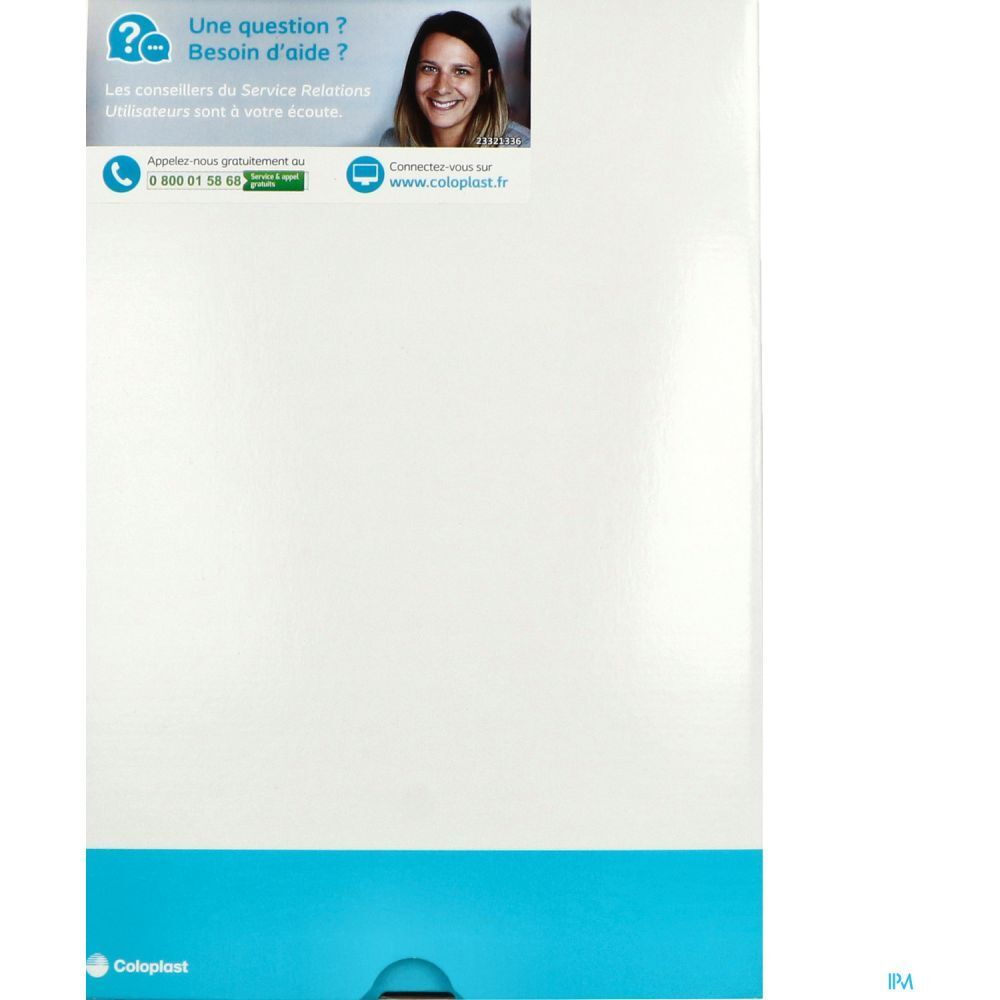 Boîte blanche et bleue. Haut : texte et femme. Bas : logo Coloplast.  Une question ? Besoin d'aide ?