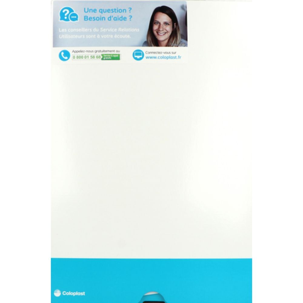 Sachet bleu sur fond blanc. En haut : logo question et femme. Texte : Une question ? Besoin d'aide ?