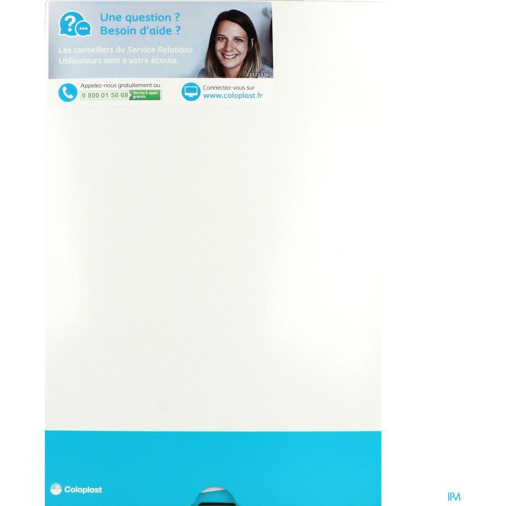 Sachet bleu sur fond blanc. En haut : logo question et femme. Texte : Une question ? Besoin d'aide ?