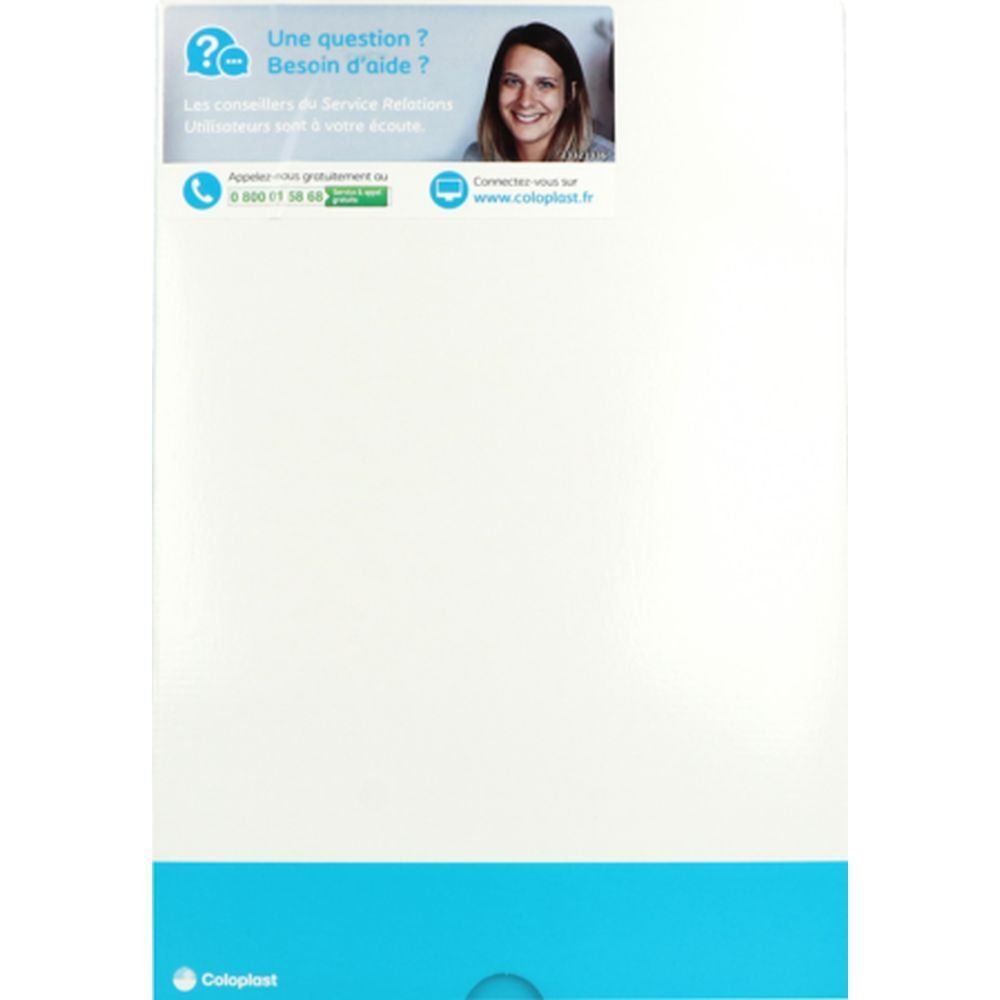 Emballage blanc et bleu. En haut : texte et logo. En haut à droite : femme. En bas : logo. Coloplast.