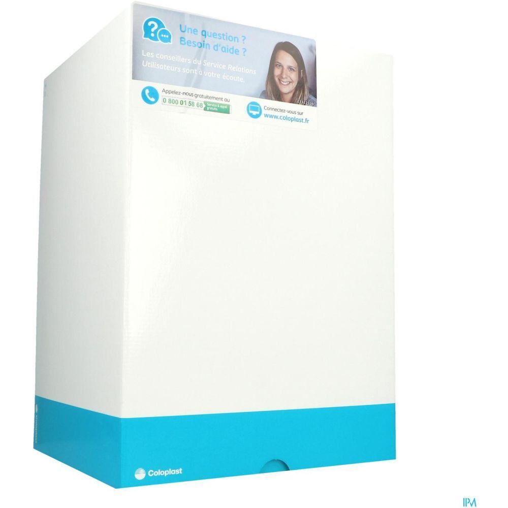 Emballage blanc et bleu. En haut : texte et logo. En haut à droite : femme. En bas : logo. Coloplast.