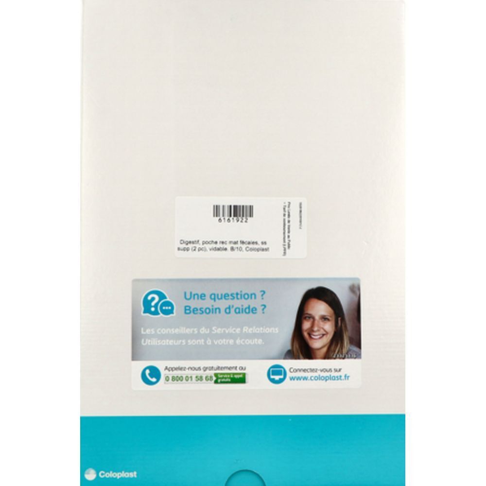 Boîte blanche avec texte et code-barres. Texte : "Une question ? Besoin d'aide ?" et coordonnées. Logo Coloplast en bas.