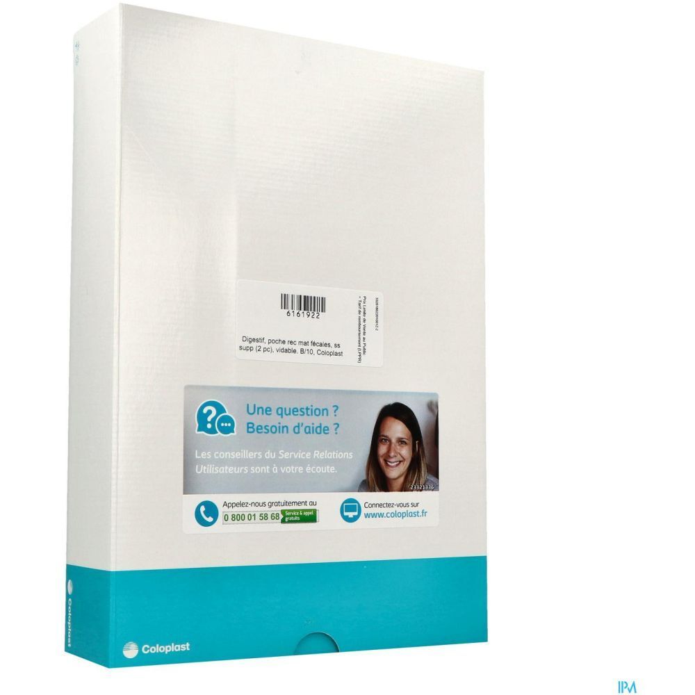 Boîte blanche légèrement en biais. Texte et code-barres visibles. Texte : "Une question ? Besoin d'aide ?" et coordonnées. Logo Coloplast.