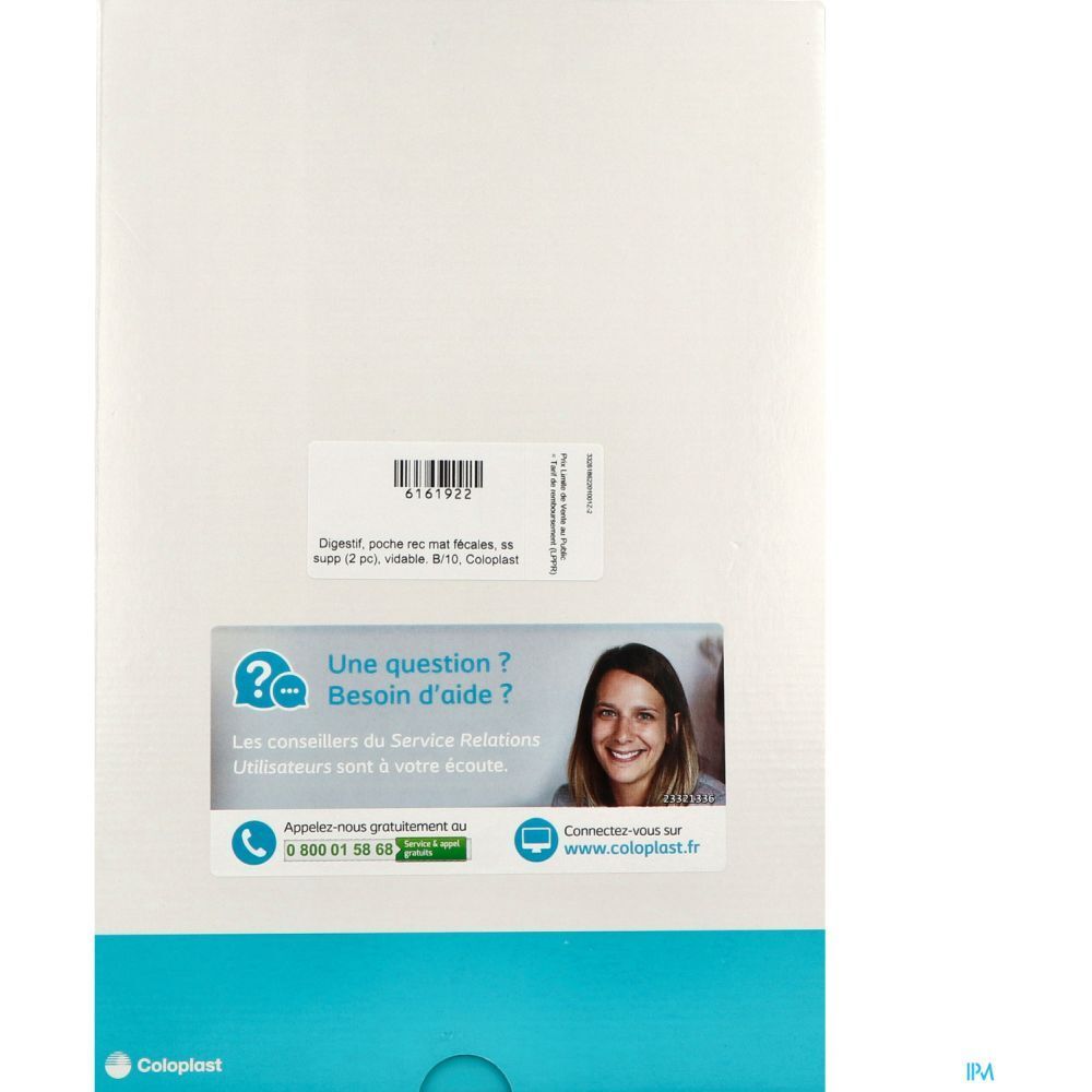 Boîte blanche avec texte et code-barres. Texte : "Une question ? Besoin d'aide ?" et coordonnées. Logo Coloplast en bas.