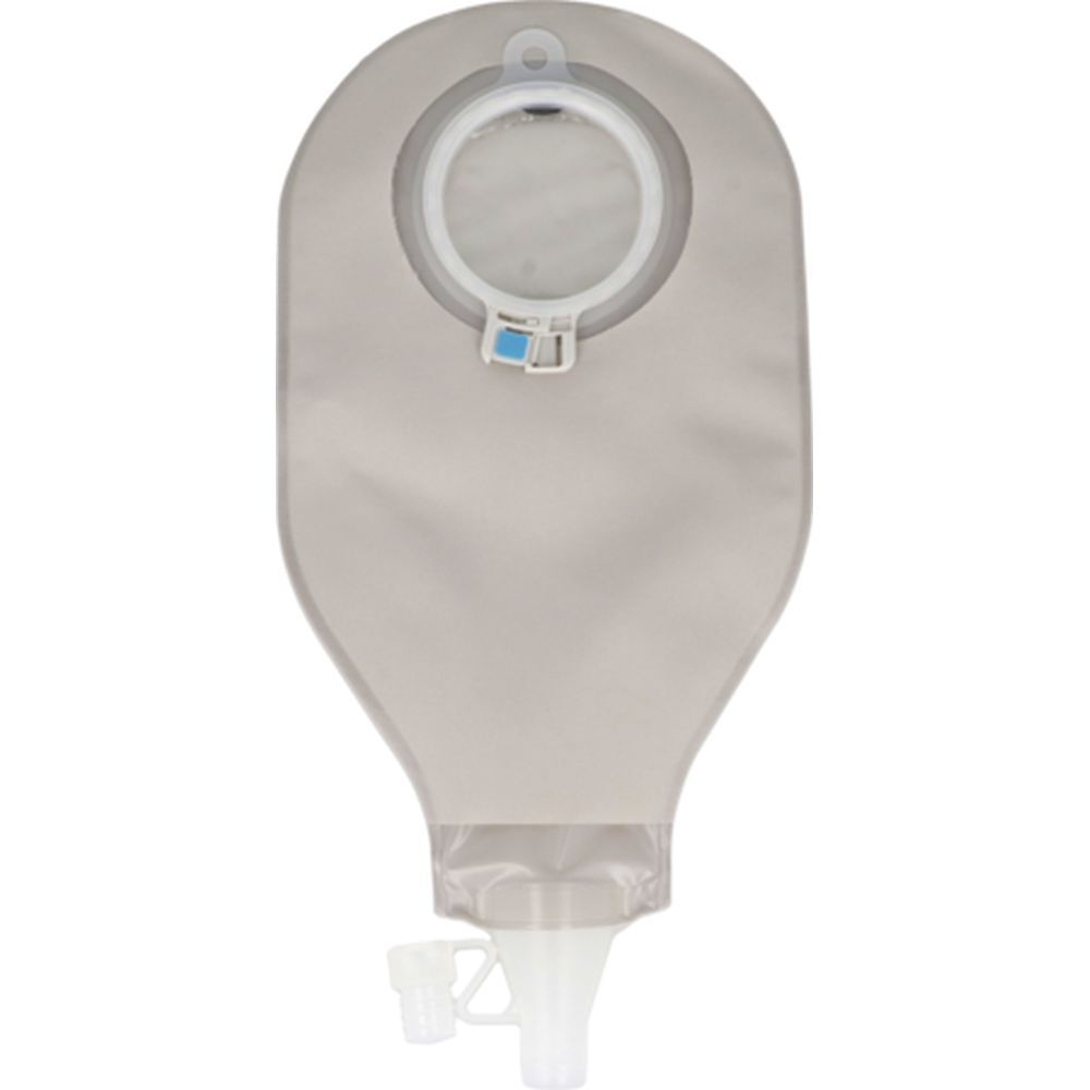 Poche gris clair, anneau blanc et fermeture bleue. Partie inférieure avec sortie.