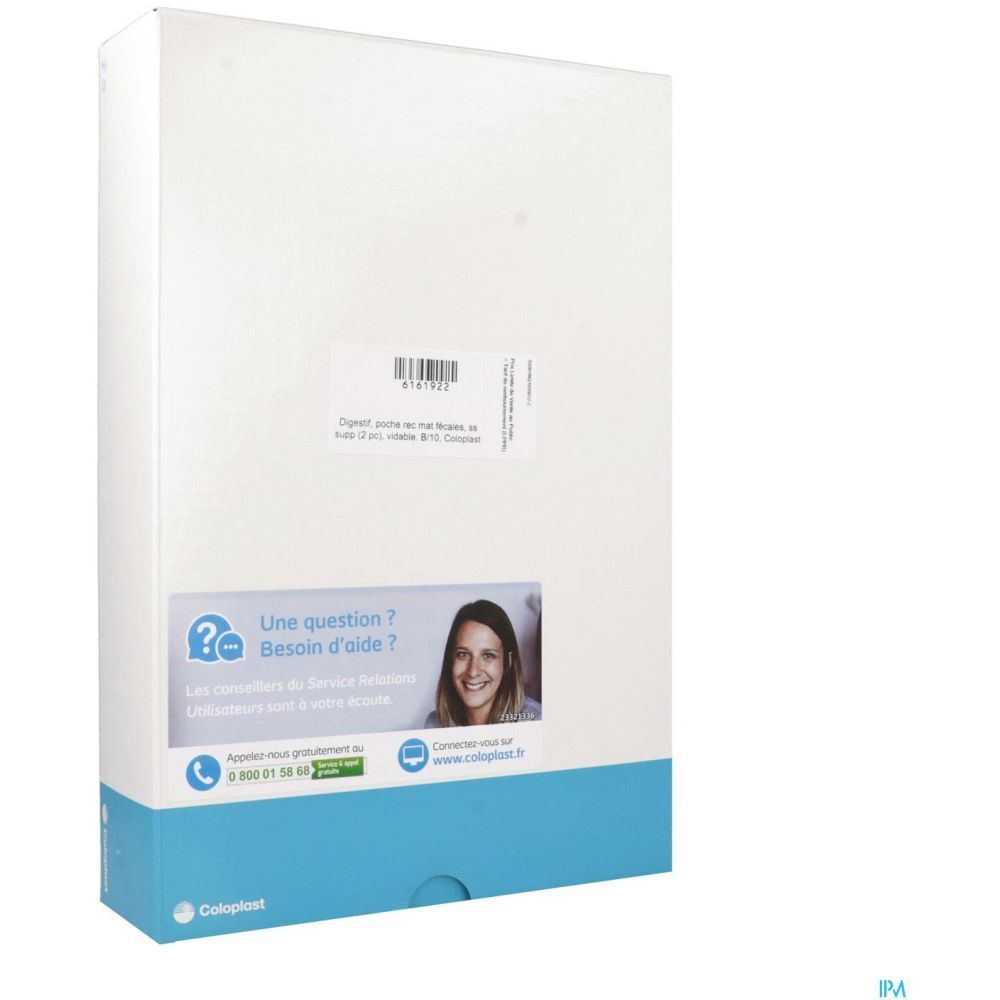 Emballage produit blanc avec base bleue. Code-barres et informations produit. Autocollant avec coordonnées.