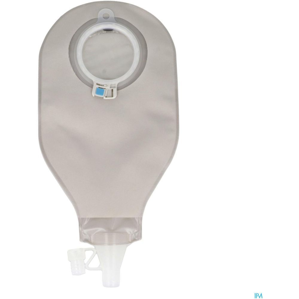 Poche gris clair, anneau blanc et fermeture bleue. Partie inférieure avec sortie.