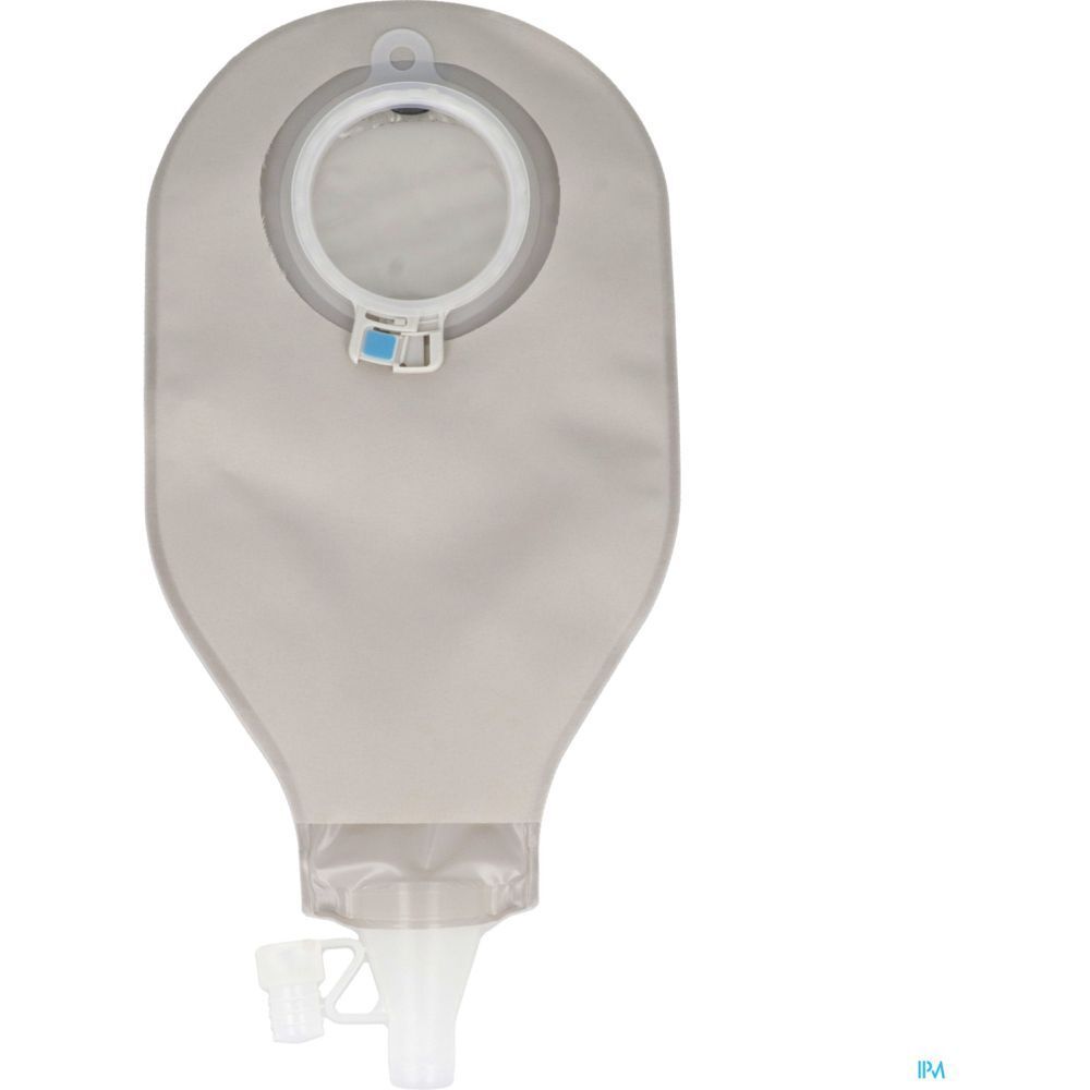 Poche gris clair, anneau blanc et fermeture bleue. Partie inférieure avec sortie.