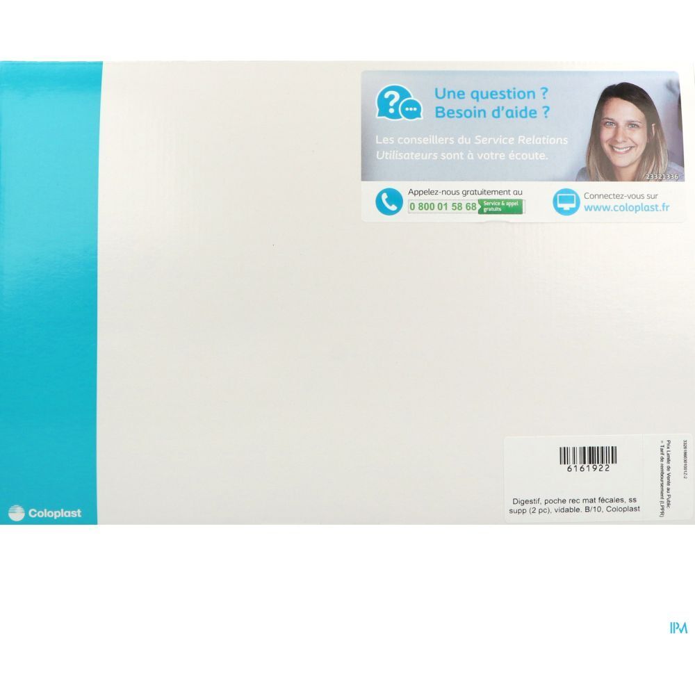 Emballage blanc avec bande bleue. Autocollant avec informations de contact et code-barres. Logo Coloplast.