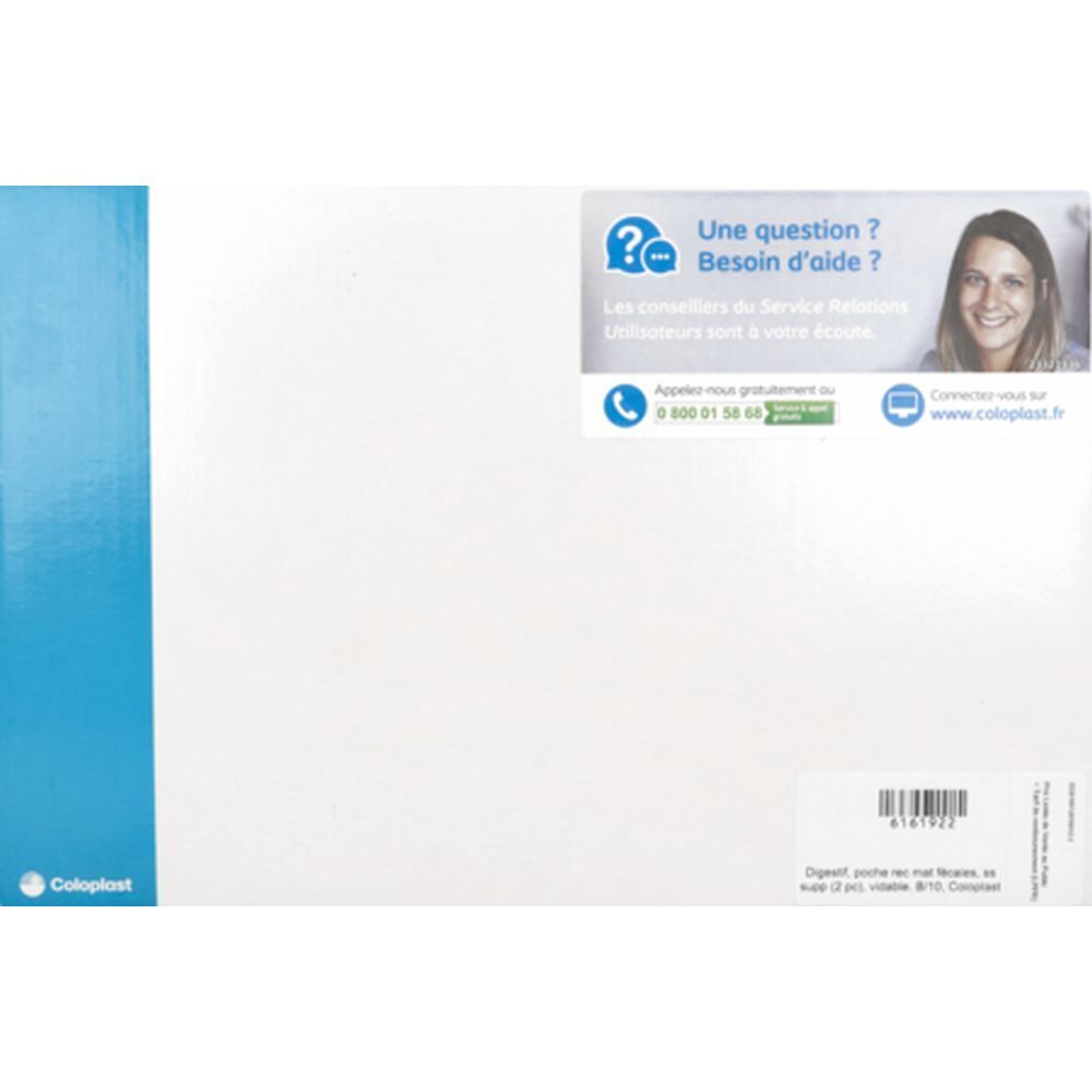 Emballage blanc avec bord bleu. Logo Coloplast. Autocollant avec informations de contact et code-barres.