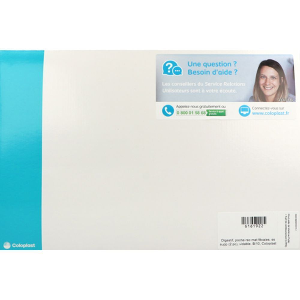 Emballage blanc avec bande bleue. Logo Coloplast en bas à gauche. Autocollant avec informations de contact et code-barres.