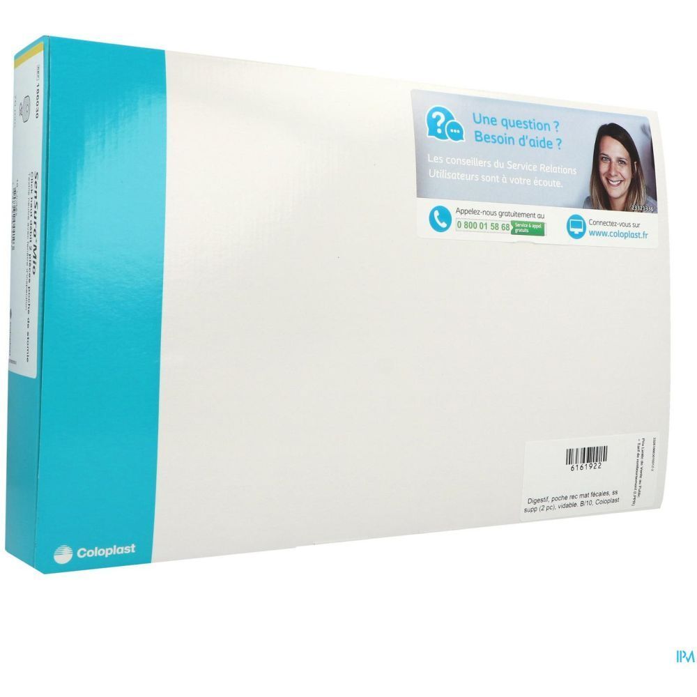 Emballage blanc avec bande bleue. Logo et texte Coloplast. Autocollant avec informations de contact et code-barres. Vue en perspective.