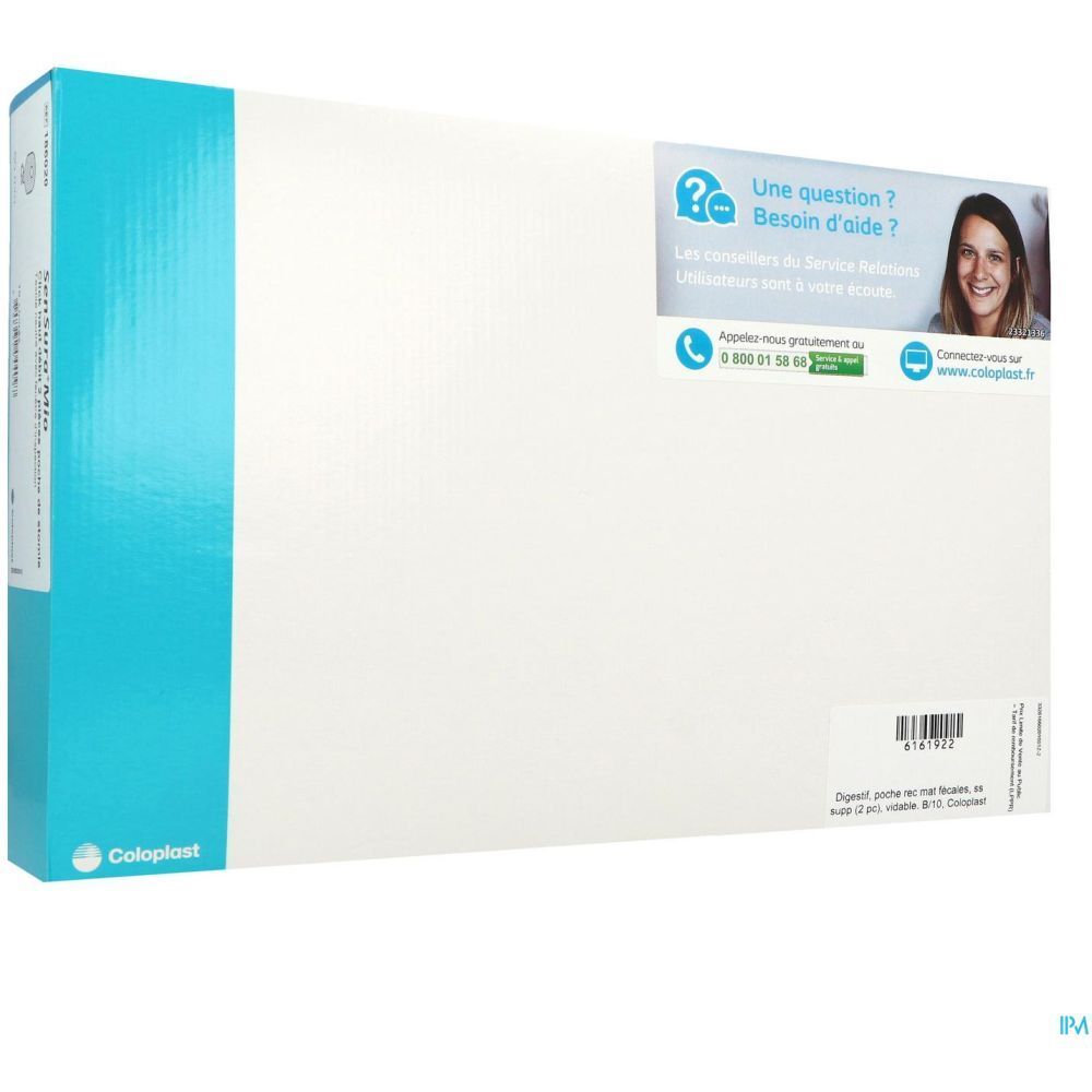 Boîte blanche et bleue. Logo Coloplast. Texte : "Une question ? Besoin d'aide ?" Code-barres et informations de contact.