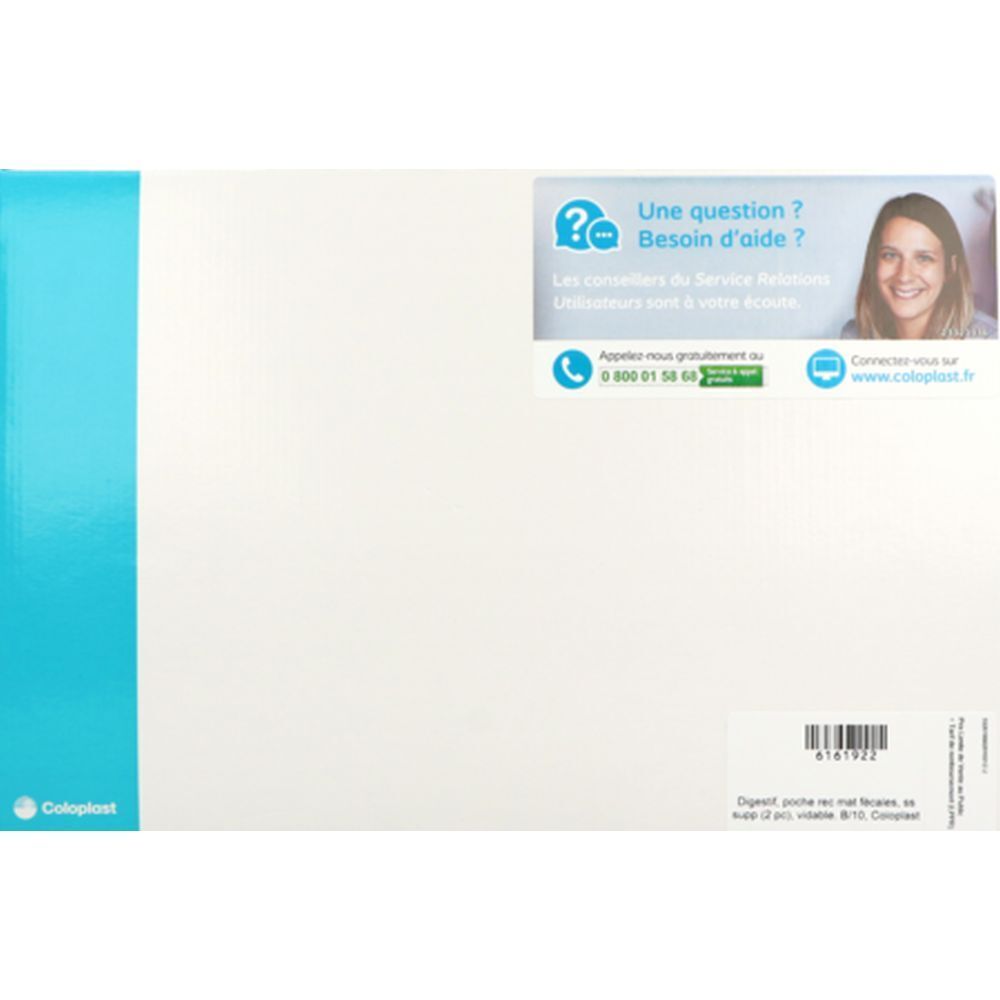 Emballage blanc avec bande bleue et logo. Texte : "Une question ? Besoin d'aide ?" et coordonnées de contact.