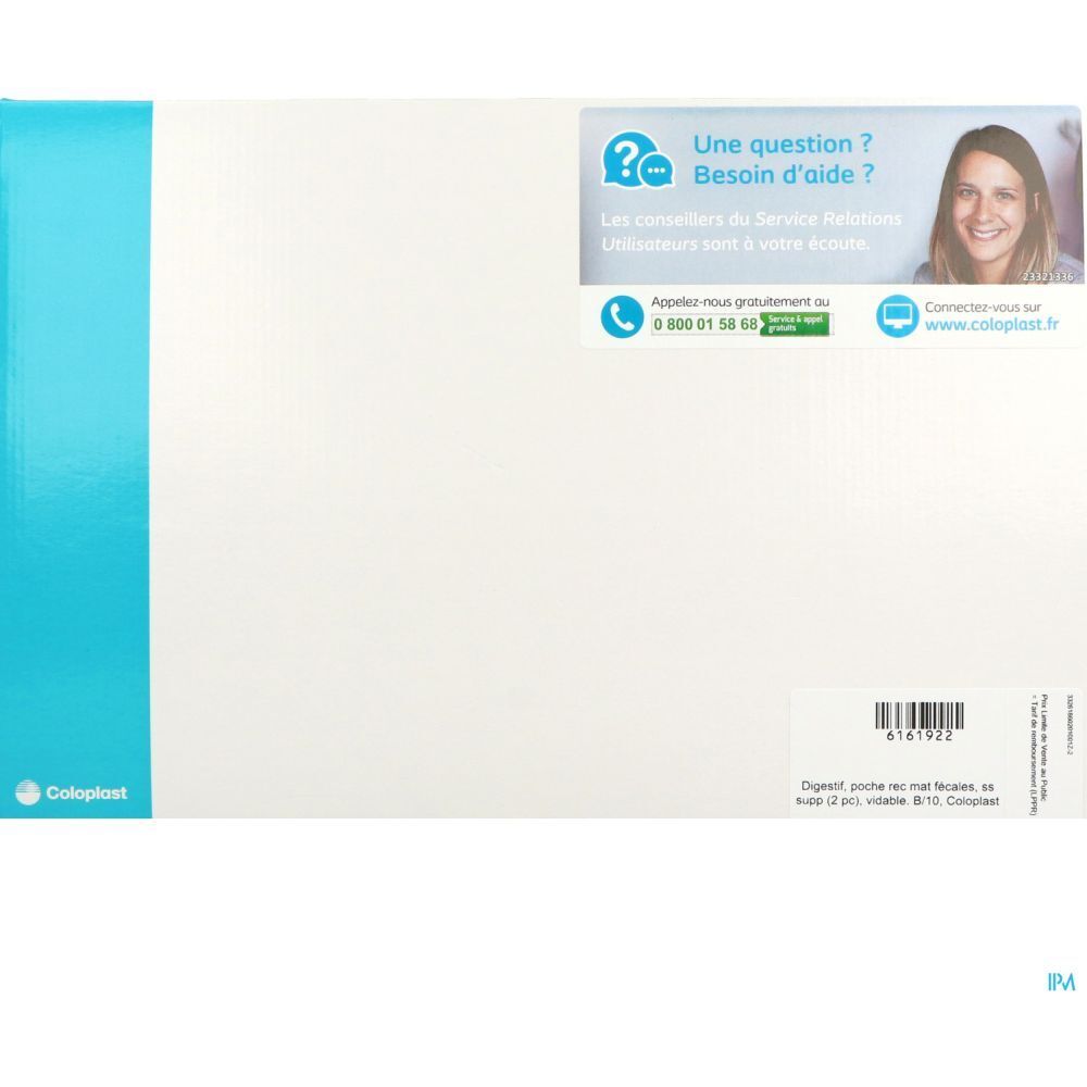 Emballage blanc avec bande bleue et logo. Texte : "Une question ? Besoin d'aide ?" et coordonnées de contact.