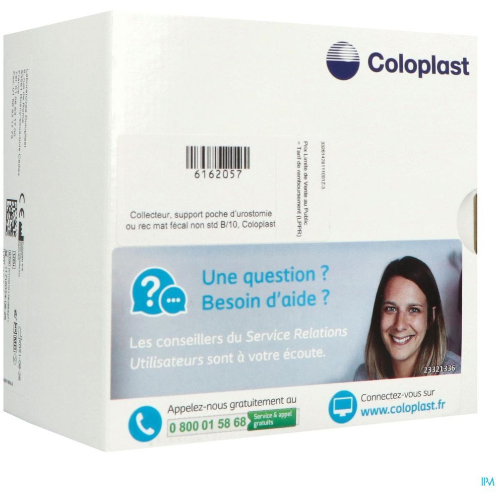 Boîte blanche Coloplast. Carte d'informations avec femme souriante. Code-barres et texte.