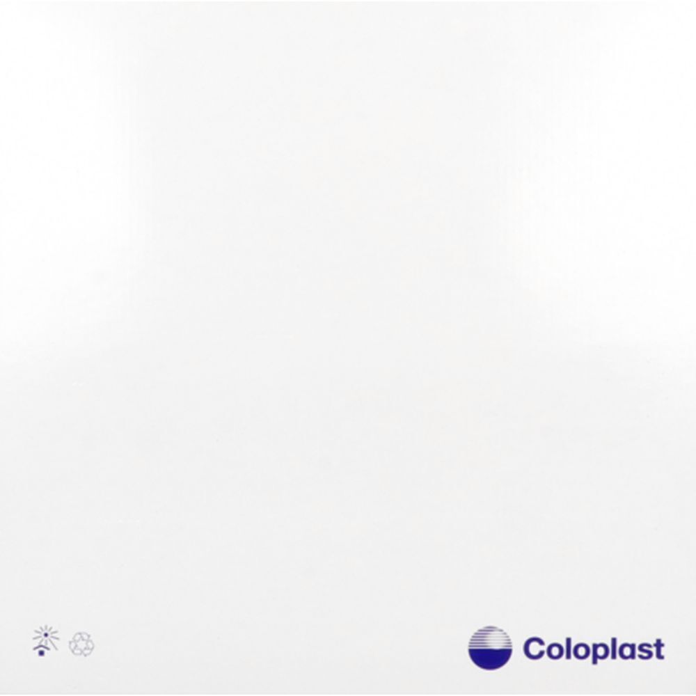 Emballage blanc. Logo Coloplast. Symboles de recyclage.