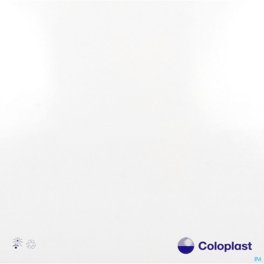 Emballage blanc. Logo Coloplast. Symboles de recyclage.