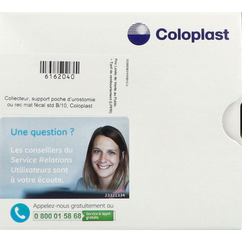 Emballage Coloplast. Texte: Collecteur, support poche d'urostomie. Une question ? Numéro de téléphone gratuit.