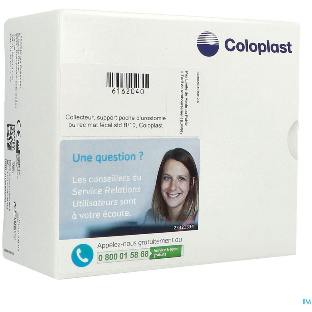 Emballage Coloplast. Texte: Collecteur, support poche d'urostomie. Une question ? Numéro de téléphone gratuit.